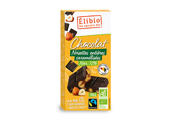 TABLETTE CHOCOLAT NOISETTES NOIR 72 % 200 G ELIBIO
